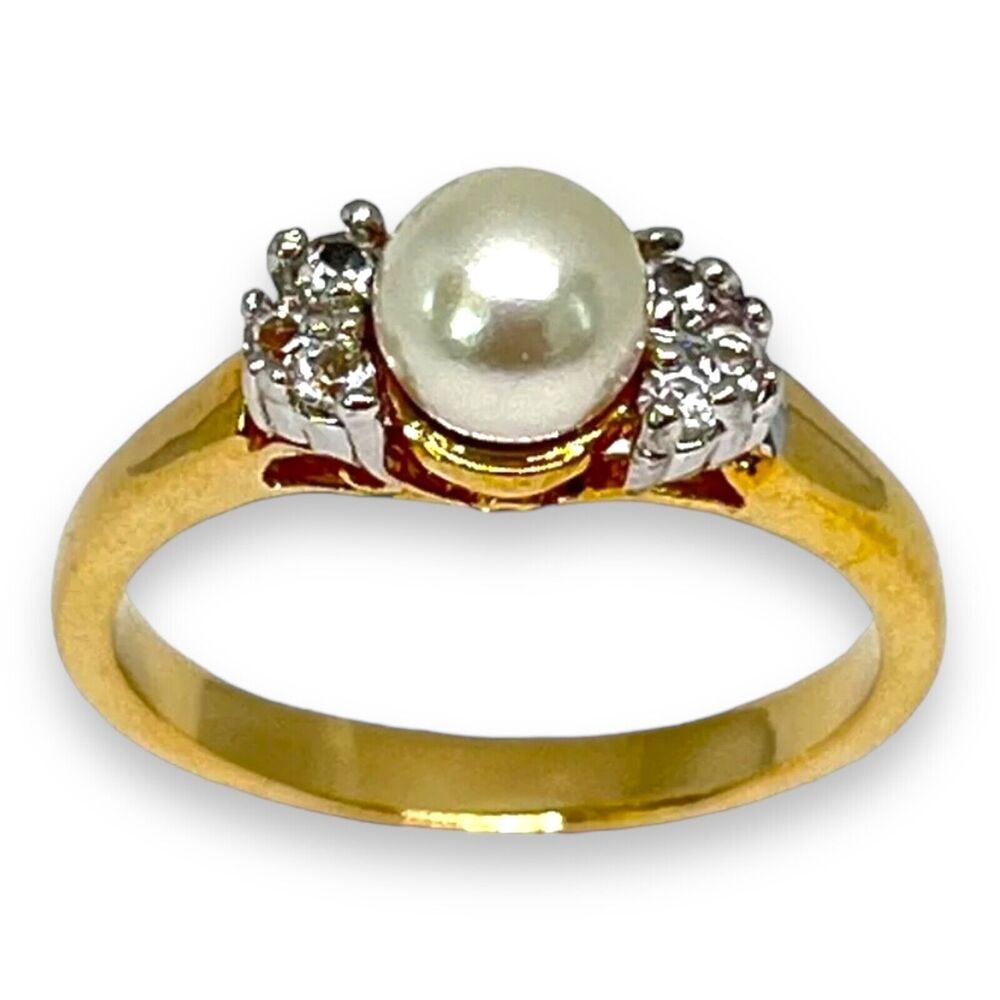 Vintage 1970s Ring Size 6 Simulated Pearl CZ Three Stone Gold Plated - 14M - Picture 12 of 15
